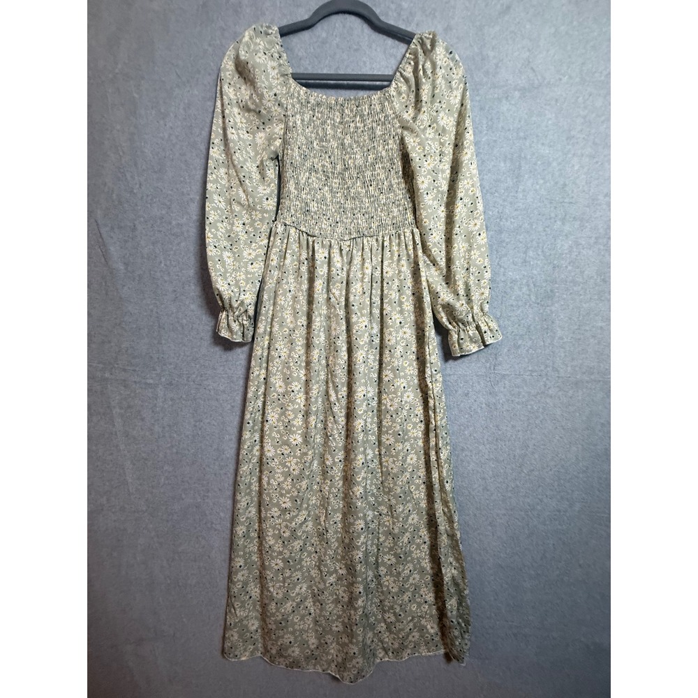 SHEIN Womens Sage Green Daisy Floral Smocked Maxi Dress Square Neck Long Sleeve